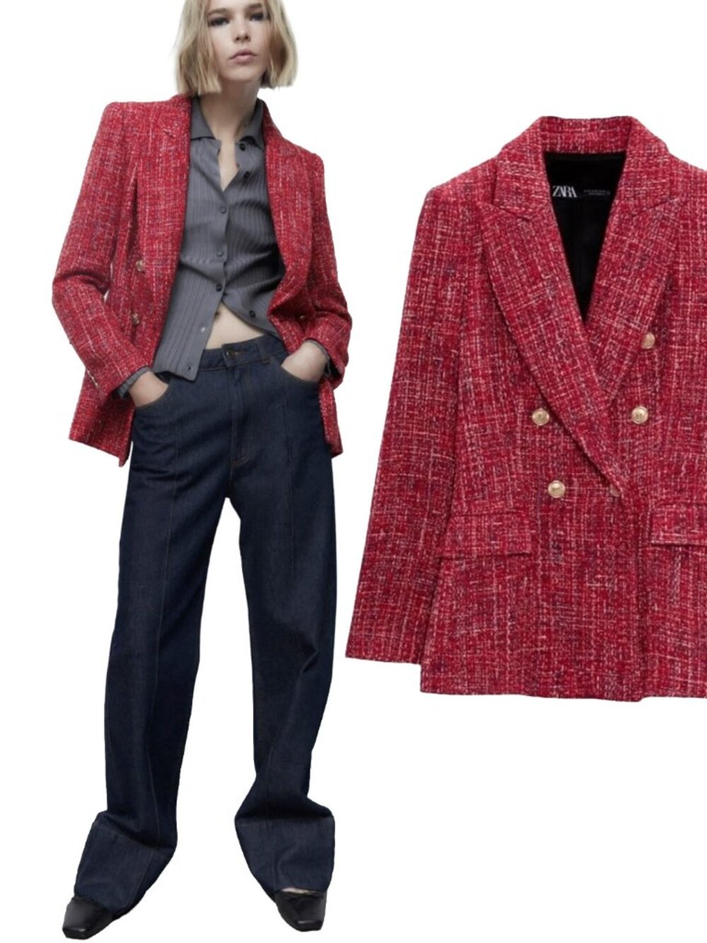 Zara Tweed Double-Breasted Red Blazer Jacket XS - Picture 2 of 13